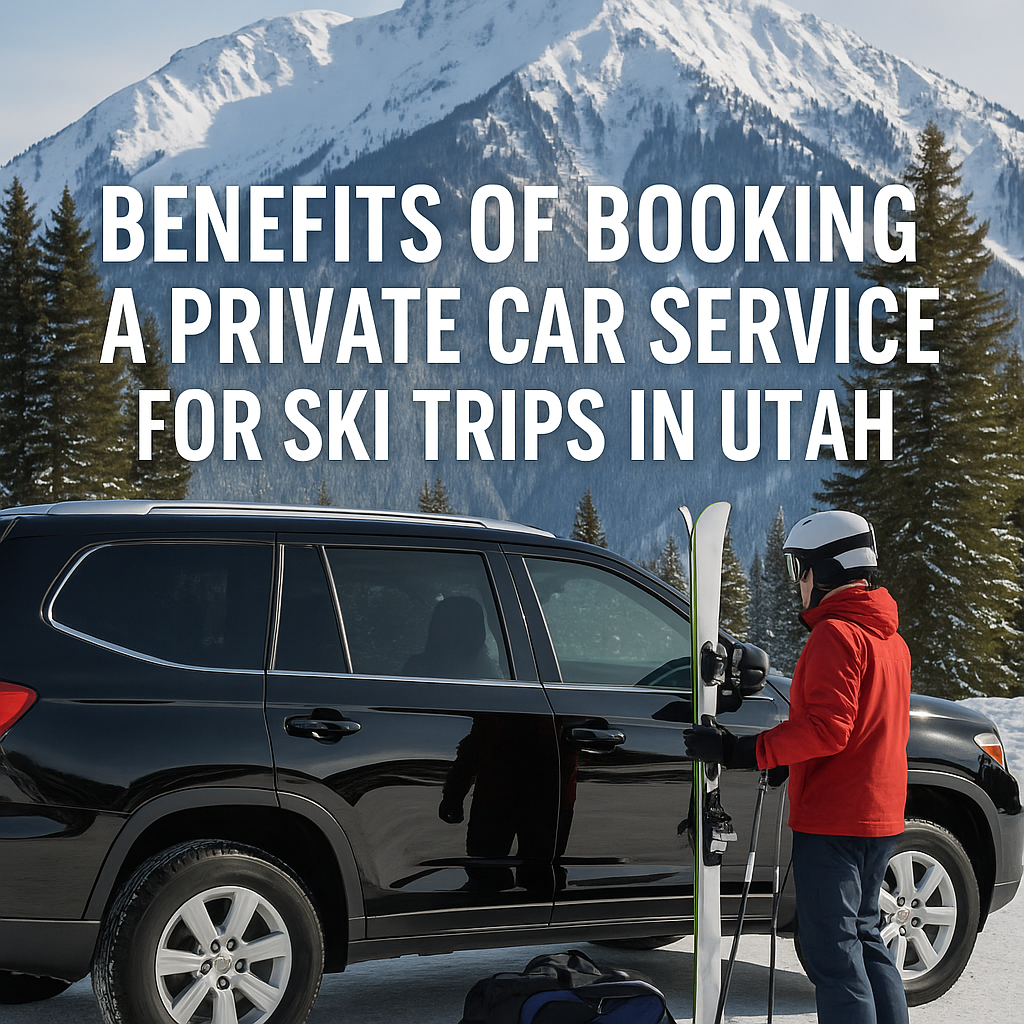 A skier getting into a black car service with his ski gear.